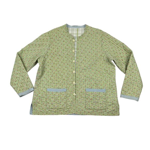 Handmade Quilted Jacket Reversible Floral Plaid Cotton Cottagecore M
